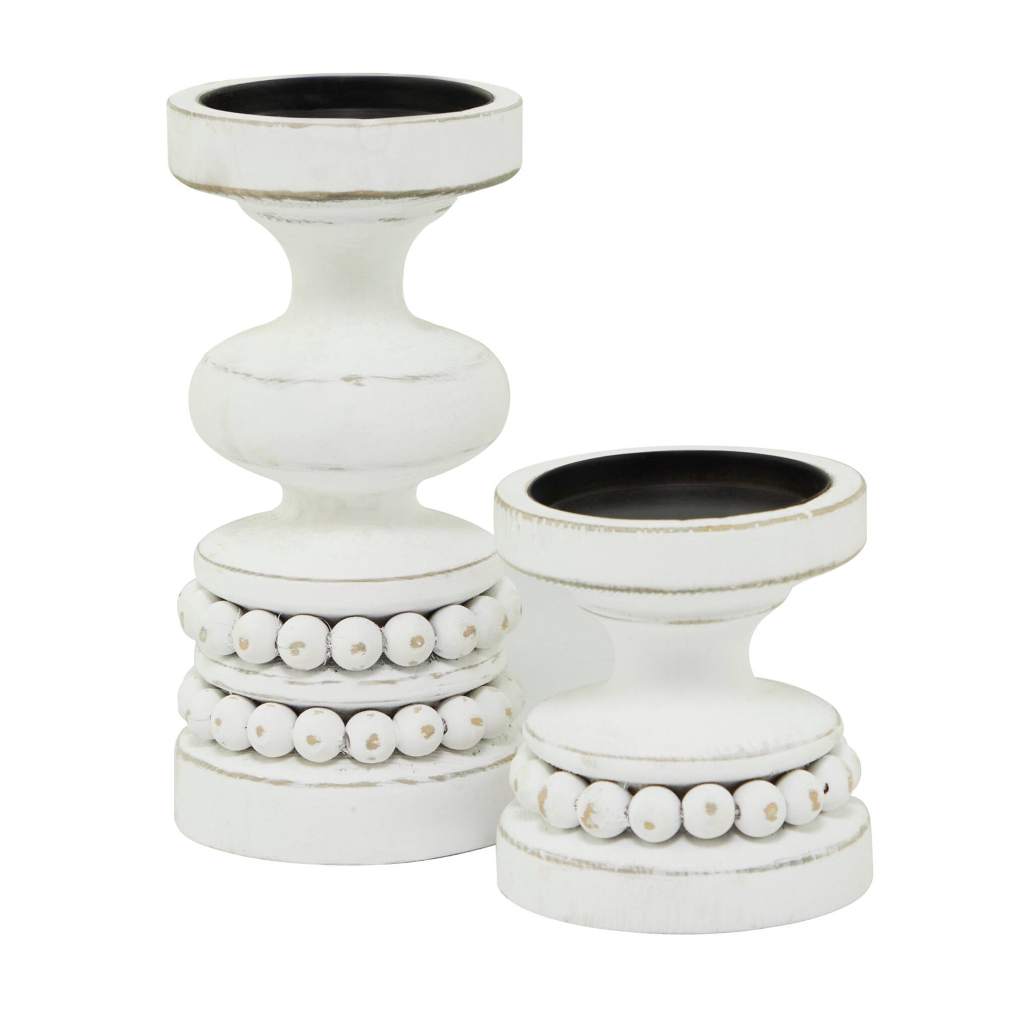 White Wood Beaded Pillar Candle Holder Set